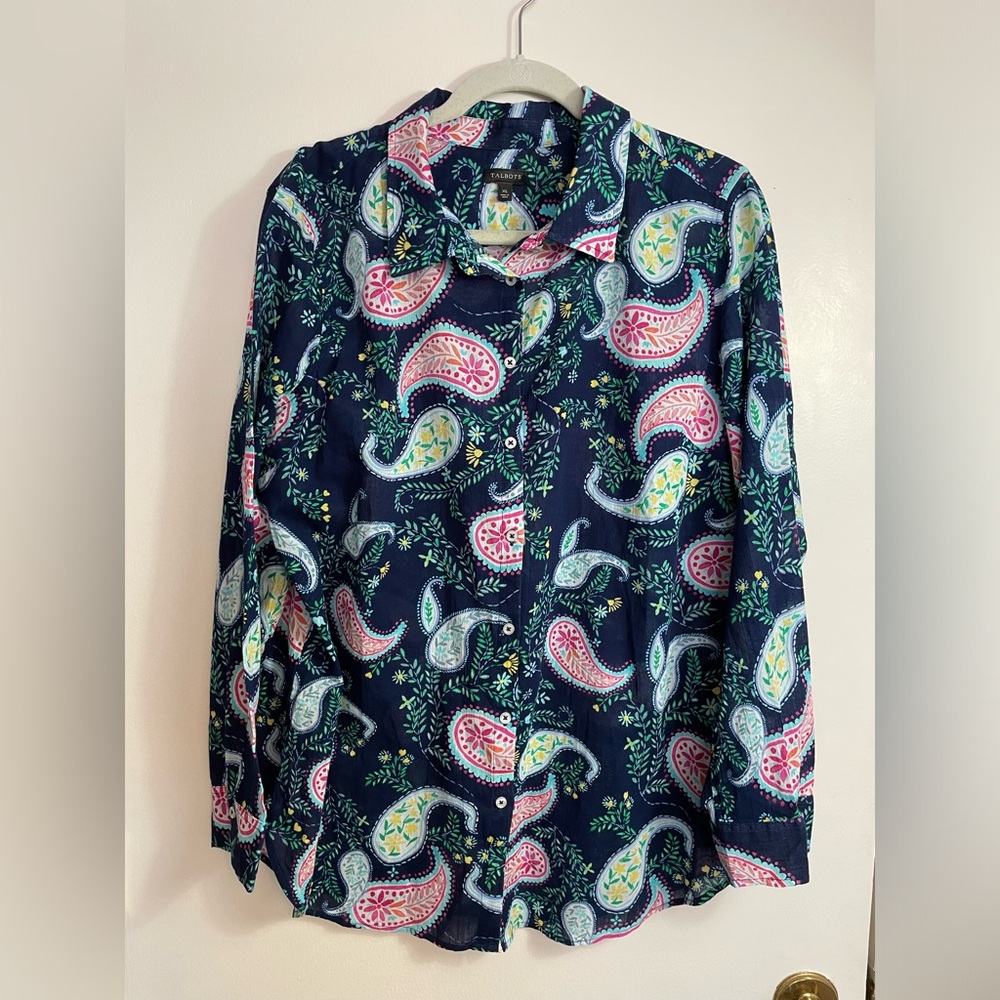 Like New Talbots 100% Cotton Long Sleeve Paisley Print Women's Top in XL